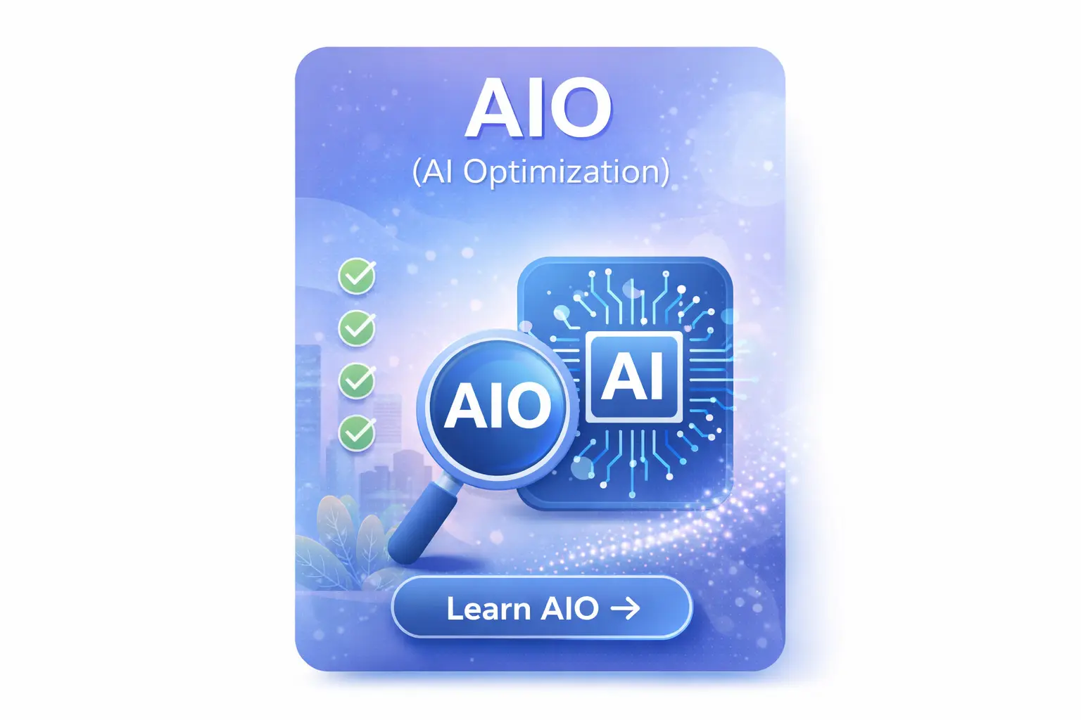 AIO (AI Optimization) illustration showing AI-driven digital marketing strategies for search visibility and growth