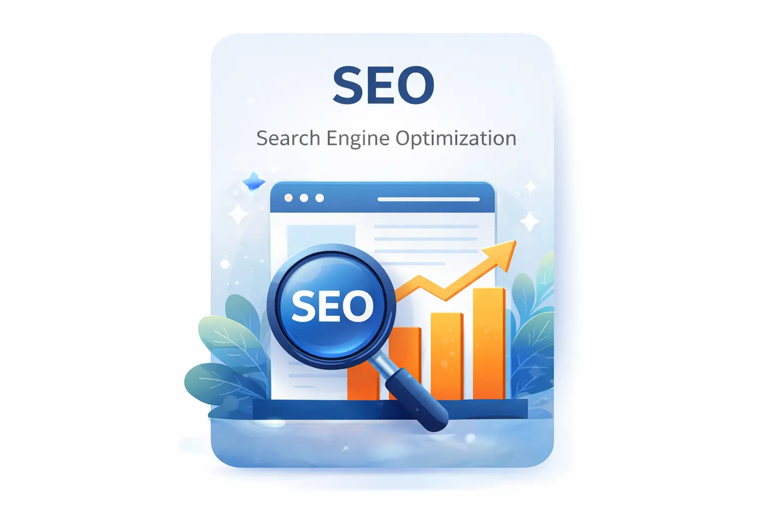 Search Engine Optimization SEO strategy illustatration showing website ranking, keyword research and oraganic traffic growth