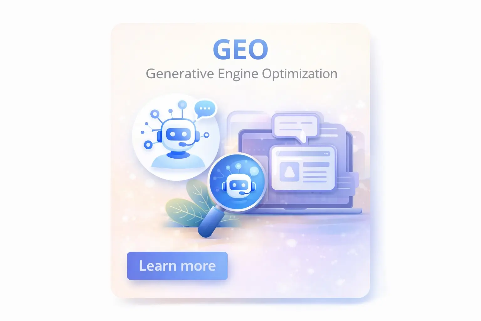 Generative Engine Optimization (GEO) digital marketing concept showing AI chatbot and search interface illustration