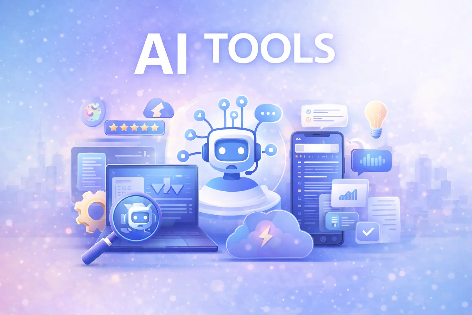Artificial intelligence tools illustration showing Ai chatbot, automation, softwear, data analytics dashboard, and digital productivity tools on laptop and mobile devices