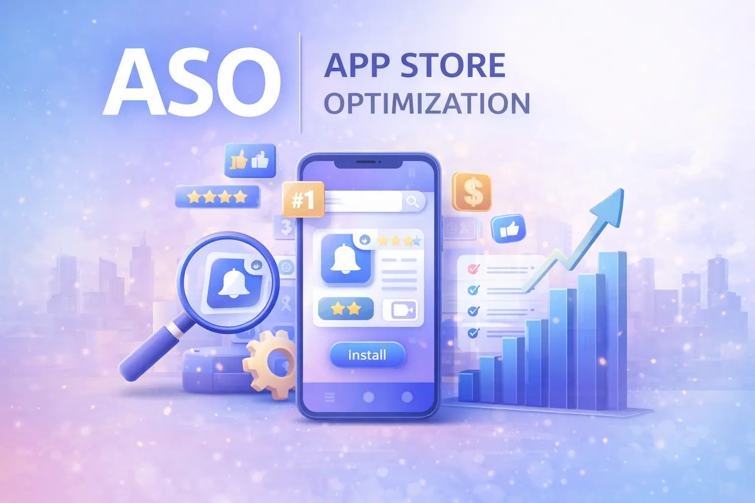 App Store Optimization illustration showing smartphone app ranking, app store search, views, ratings, and growth analytics for improving mobile app visibility.