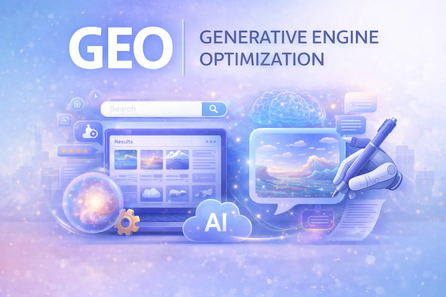 Generative Engine Optimization illustration showing AI-powered search, content generation, chatbot interaction, and digital visibility across AI-driven platforms and search engines
