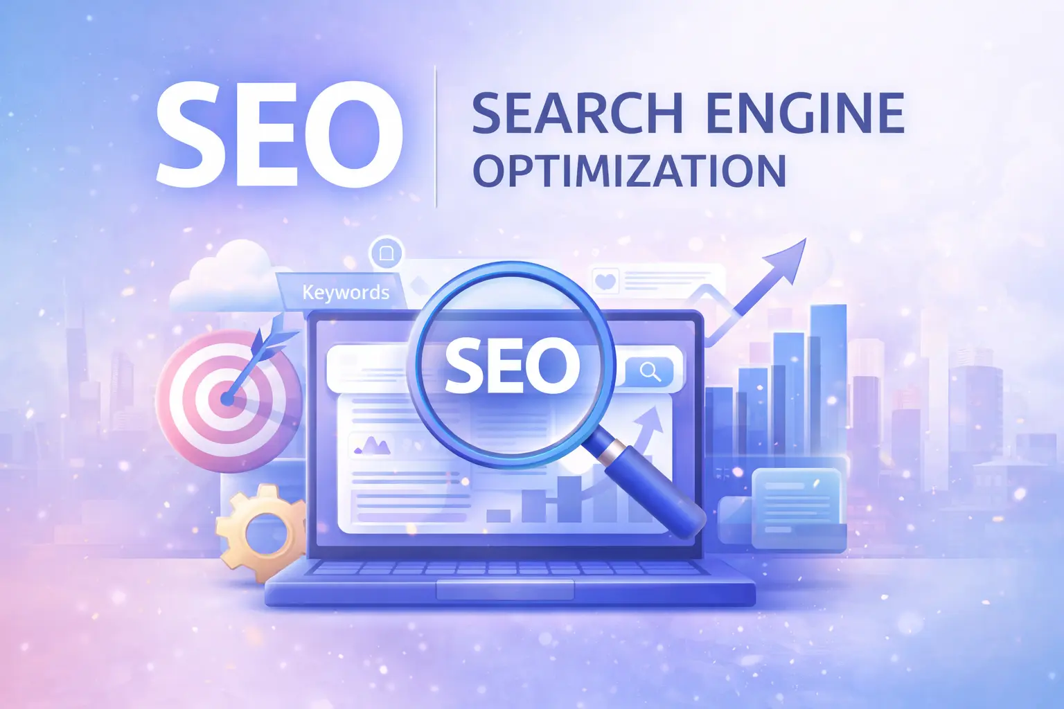 Search Engine Optimization illustration showing SEO analysis, keyword research, website ranking growth, and digital marketing strategy on laptop screen.
