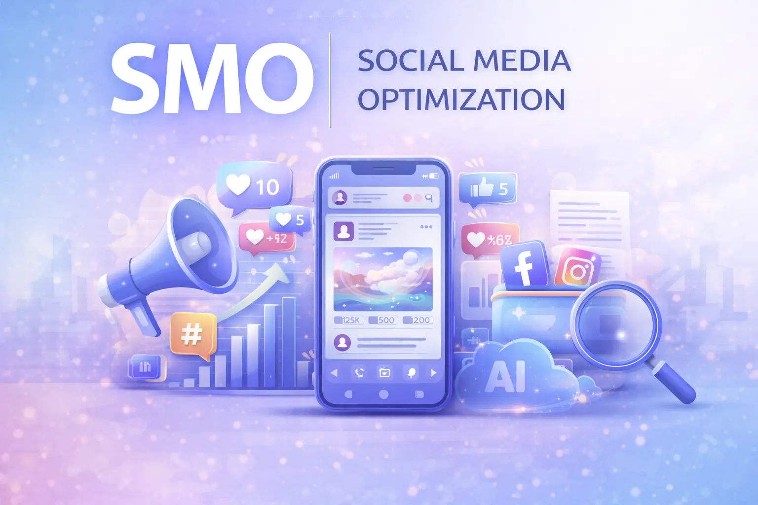 Social Media Optimization illustration showing smartphone engagement, likes, shares, social media marketing growth, and audience interaction across platforms like Facebook and Instagram