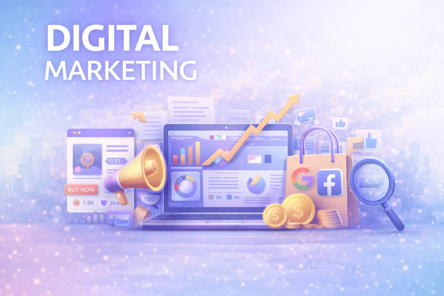 Digital marketing header image showing online growth strategy, analytics dashborad, social media ads, and business promotion tools